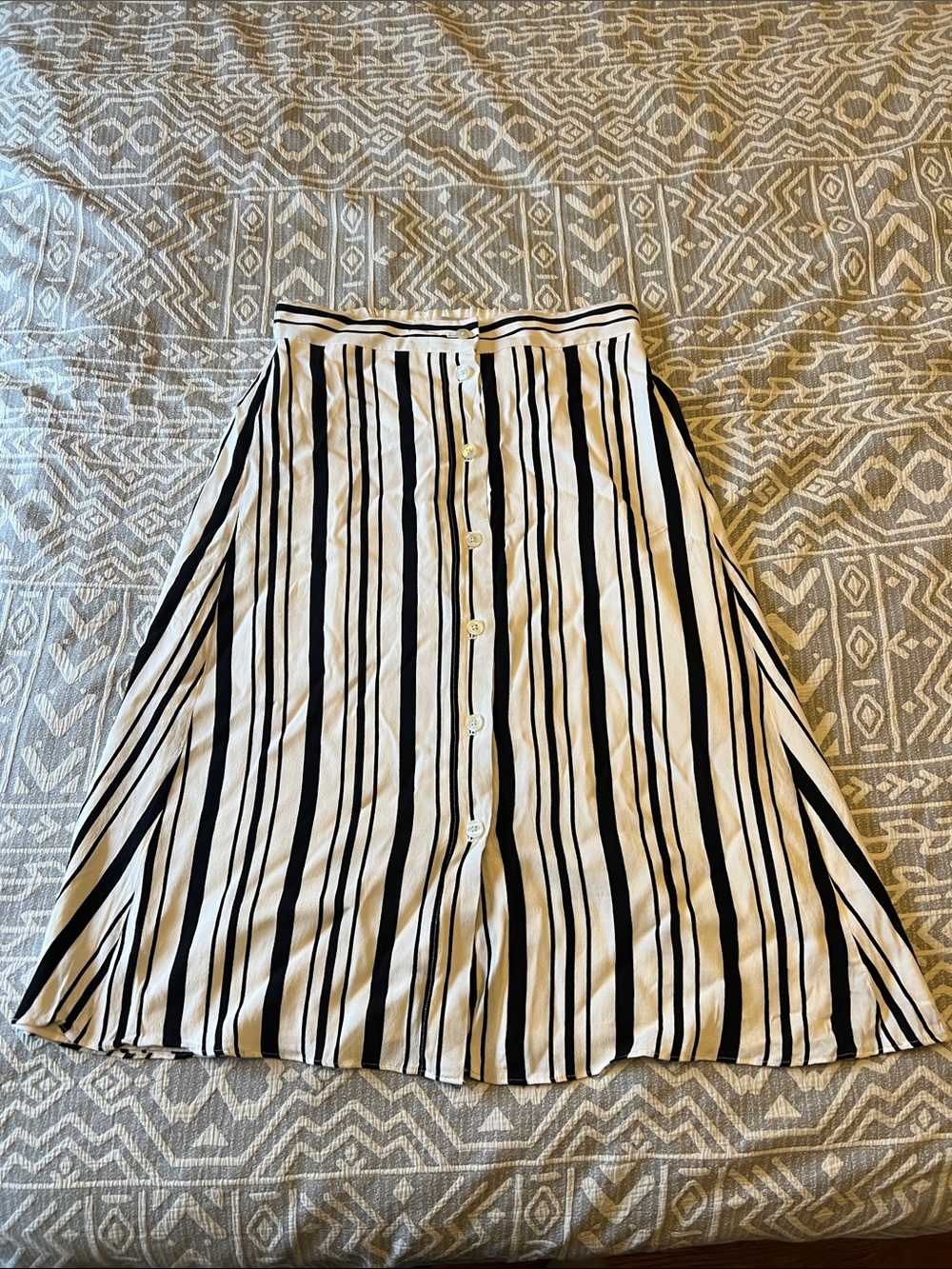 LOFT Black and White Vertical-Stripe Button-Front A-Line Skirt
